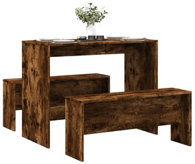 Set Tavolo Da Pranzo E Panche 3 Pz Rovere Fumo İn Truciolato /