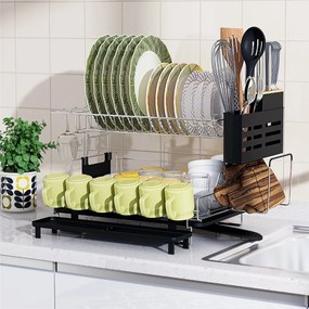 Costway Rack scolapiatti rimovibile con supporto per posate e tagliere a 2 livelli, Scolapiatti per bancone di cucina 58x42x37cm