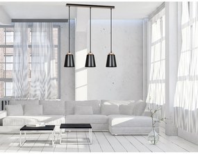 Lampadario 3 Luci Lancillotto Con Paralumi A Cono In Acciaio Nero E Legno Naturale