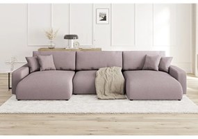 Divano angolare rosa chiaro allungabile/con contenitore (a U) con rivestimento in velluto a coste Sara – Ropez