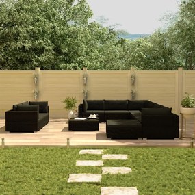 Set divani da giardino 10 pz con cuscini in polyrattan nero