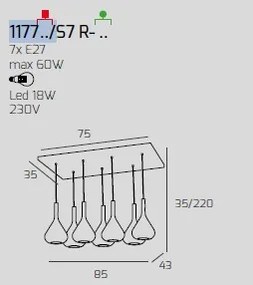 Sospensione ottone sat. 7 luci rettangolare vetri 3x tr + 4x fu 117...