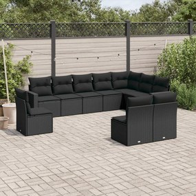 Set divani da giardino 10pz con cuscini in polyrattan nero