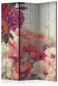Paravento separè Fiori vintage - fiori su fondo in legno con iscrizioni in stile retrò