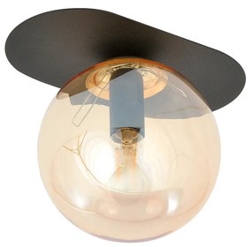 Plafoniera Minimal 1 Luce Teia In Acciaio Nero E Sfera Vetro Ambra