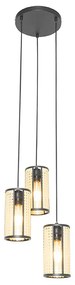 Lampada a sospensione orientale nera con rattan 3 luci rotonda - Akira