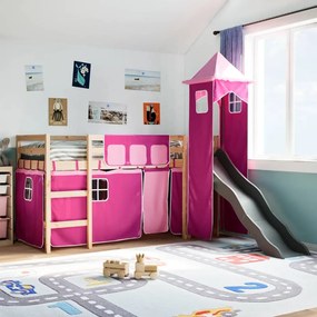 Letto A Soppalco Con Torre Bambini Rosa 80x200cm Massello Pino /