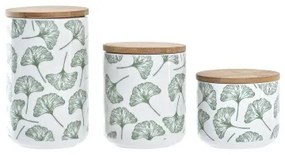 Set di 3 Barattoli DKD Home Decor Naturale Bianco Verde Bambù Gres Tropicale 10 x 10 x 17 cm