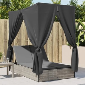 Lettino Prendisole Tetto E Tende Grigio Chiaro İn Polyrattan /