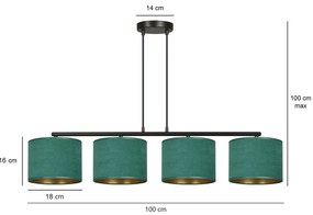 Lampadario 4 Luci Ganesha In Acciaio Nero E Paralumi In Tessuto Verde