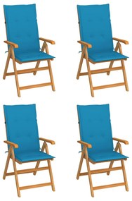 Sedie da giardino 4 pz con cuscini blu massello di teak