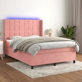Letto A Molle Con Materasso E Led Rosa 140x200 Cm İn Velluto /