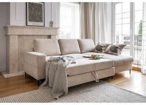 Divano letto angolare in velluto a coste beige (angolo destro) Lofty Lilly - Miuform