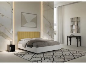 Letto contenitore da 160x200 in legno bianco e testata in microfibra ocra Kaia