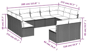 Set divani da giardino 11 pz con cuscini in polyrattan grigio