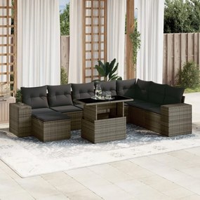 Set divano da giardino 9 pz con cuscini grigio in polyrattan