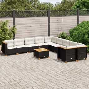 Set divani da giardino 11 pz con cuscini in polyrattan nero