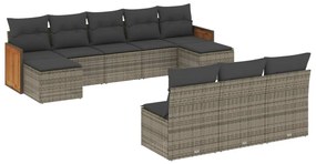 Set divano da giardino 10 pz con cuscini grigio in polyrattan