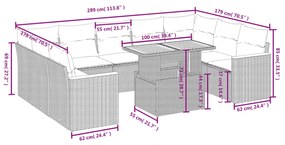 Set divani da giardino 11 pz con cuscini in polyrattan nero