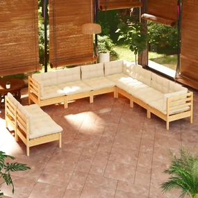 Set divani da giardino 9 pz con cuscini crema massello di pino