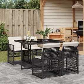 Set da pranzo da giardino 5 pz nero con cuscini in polyrattan