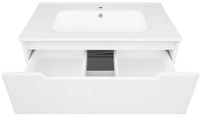 Mobile Da Bagno Cannettato 100 Cm Con Lavabo Specchio E Led LINE - Bianco Lucido