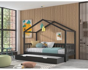 Letto per bambini in legno di pino antracite con letto estraibile e contenitore 90x200 cm DALLAS - Vipack