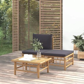 Set Salotto da Giardino 3pz con Cuscini Grigio Scuro Bambù
