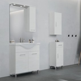 Mobile Bagno a Terra 75 Cm Due Ante Specchio Con Pensile e Fari Led 70x100 Cm Savini Due "Rubino" Rovere Bianco