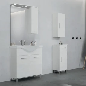 Mobile Bagno a Terra 75 Cm Due Ante Specchio Con Pensile e Illuminazione Led Savini Due "Rubino" Rovere Bianco