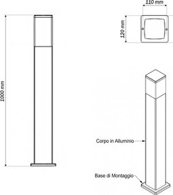 Paletto da Giardino 100cm Quadrato acciaio INOX Nero IP54 IK06 base E27