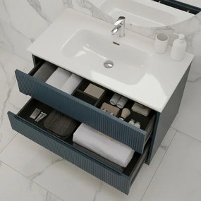Mobile bagno sospeso 90 cm blu petrolio cannettato con specchio Bali