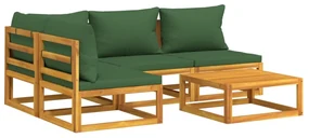 Set salotto da giardino 5pz con cuscini verdi legno massello