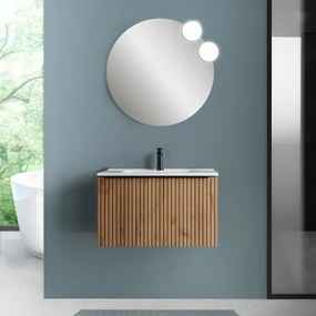 Mobile bagno sospeso 70 cm Rovere Africa cannettato con cassetto, specchio e lavabo Nara
