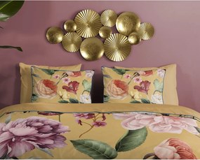 Set copripiumino e federa giallo ocra in raso di cotone per letto matrimoniale ed esteso 240x220 cm Fiori – Descanso