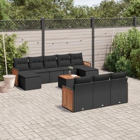 Set divani da giardino 11 pz con cuscini in polyrattan nero