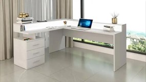 Scrivania New Selina ad angolo con sopralzo moderna e funzionale, Bianco Lucido