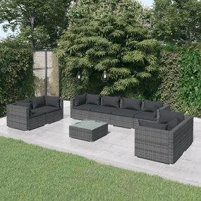 Set divani da giardino 9 pz con cuscini in polyrattan grigio