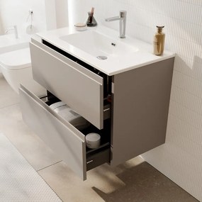 Mobile da bagno sospeso Step taupe con lavabo in ceramica e 2 cassetti L81 H 60 P46 cm