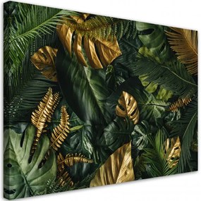 Quadro su tela, Foglie tropicali dorate  Dimensioni Tappeti 120x80