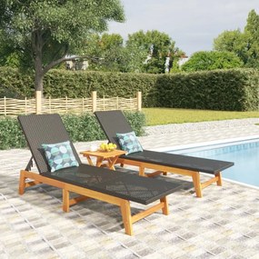 Sdraio 2pz nero e marrone polyrattan e legno massello di acacia