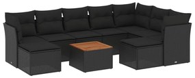 Set divani da giardino 10pz con cuscini in polyrattan nero