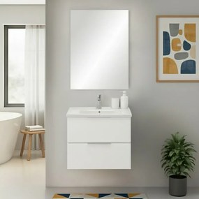 Mobile bagno sospeso 60cm bianco opaco con cassetti lavabo e specchio Elva