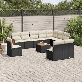 Set divani da giardino 11 pz con cuscini in polyrattan nero