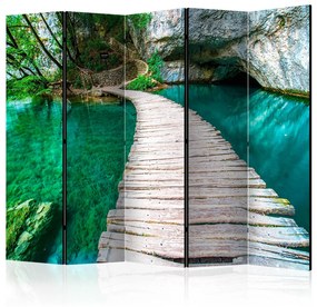 Paravento separè Lago smeraldo II - paesaggio verde naturale con ponte di legno