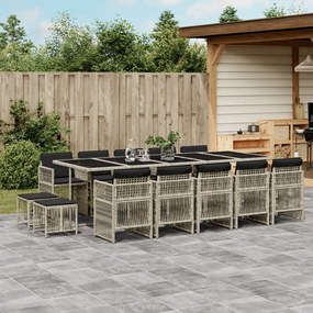 Set da pranzo da giardino 15 pz con cuscini grigio polyrattan