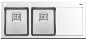 Lavello integrato 2 vasche con gocciolatoio a destra PYRAMIS Crystalon vetro L 52 x L 116 cm bianco