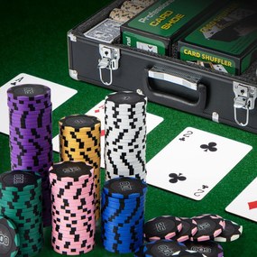 Costway Set di fiches da poker da 600 pezzi, Fiches claytec da 14 grammi con custodia 6 mazzi di carte tappeto da poker Nero