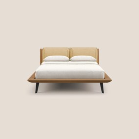 Petra letto di design bicolore con cuscini in piuma, piedini in mogano e tessuto impermeabile bicolore T11 e T06 cuoio - giallo