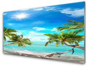 Quadro acrilico Amaca da spiaggia con palme tropicali 100x50 cm